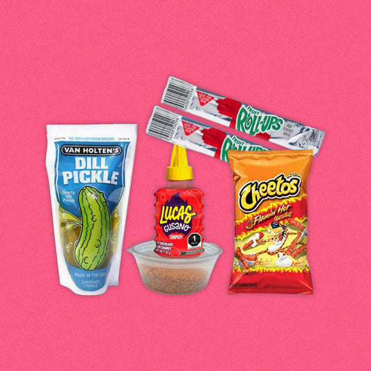 CHEETOS FLAMIN HOT PICKLE KIT - Van Holtens Pickle, Lucas Chamoy, Sweet Fruit Roll Ups, Spicy Tajin Seasoning, Cheetos Flamin Hot