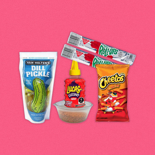 CHEETOS CRUNCHY PICKLE KIT - Van Holten Pickle, Lucas Chamoy, Sweet Fruit Roll Ups, Spicy Tajin Seasoning, Cheetos Crunchy