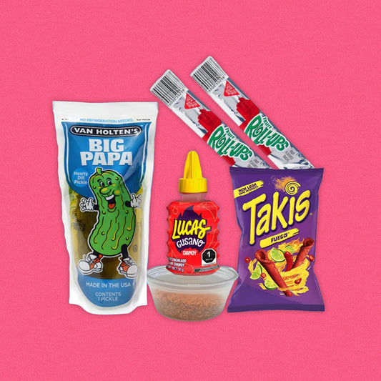 TAKIS FUEGO PICKLE KIT - Van Holten Pickle, Lucas Chamoy, Sweet Fruit Roll Ups, Spicy Tajin Seasoning, Takis Fuego