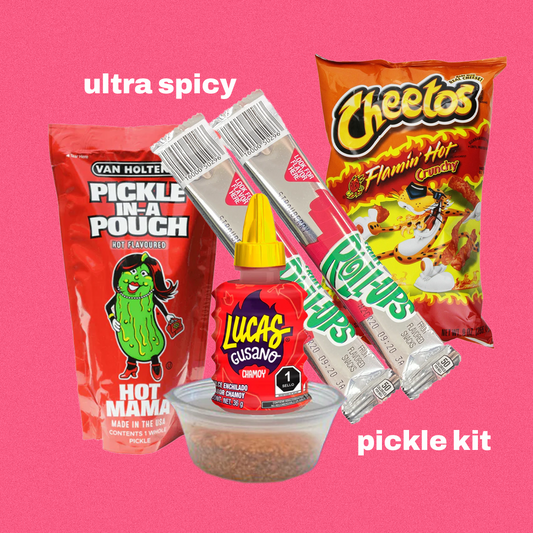 ULTRA SPICY PICKLE KIT - Hot Van Holten, Lucas Chamoy, Cheetos Flamin Hot, Spicy Tajin Seasoning, Sweet Fruit Roll Ups